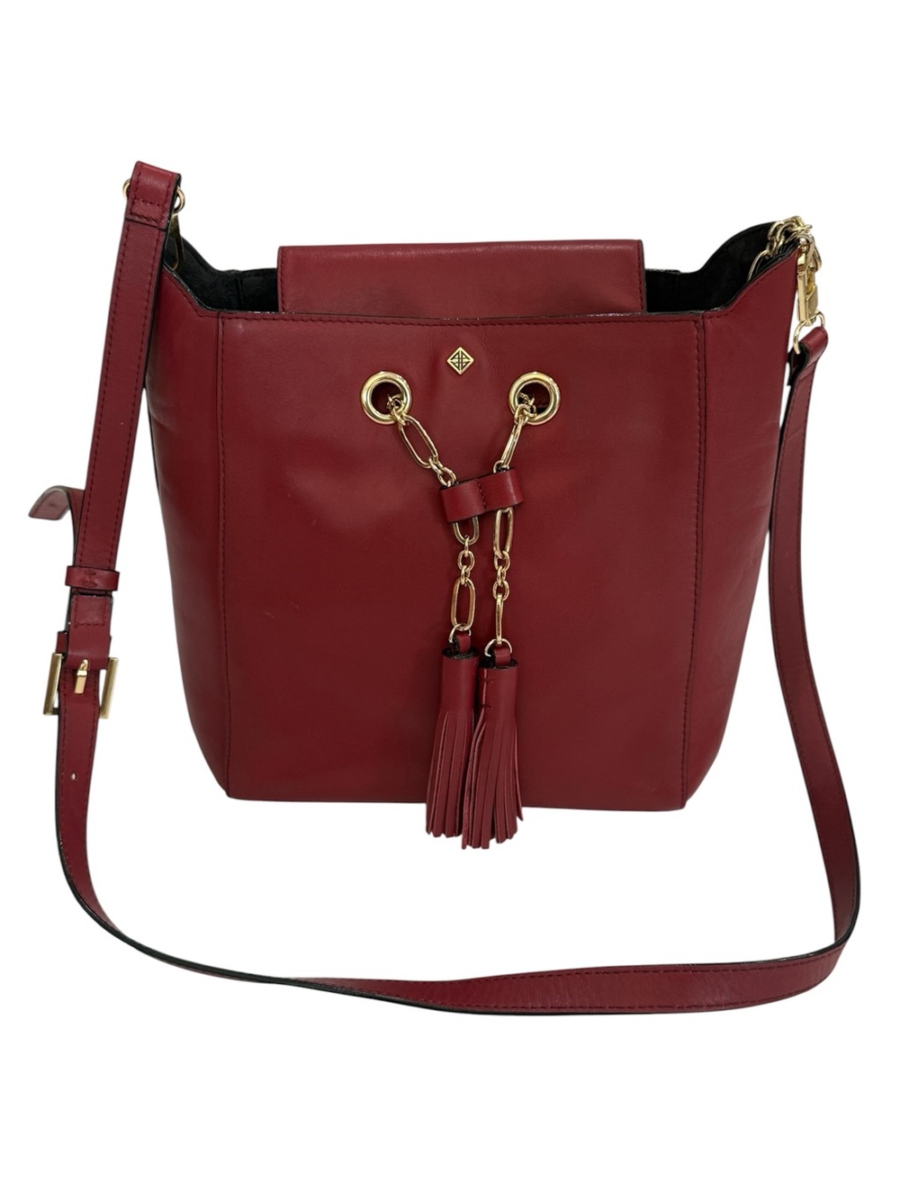 Antonio Melani Red Leather Crossbody Bucket Bag with Tassel Detail